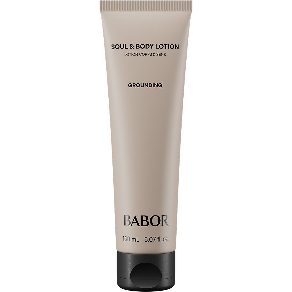 Tube beige avec bouchon noir. Inscription : SOUL & BODY LOTION, BABOR. Texte : Grounding, 150 mL.