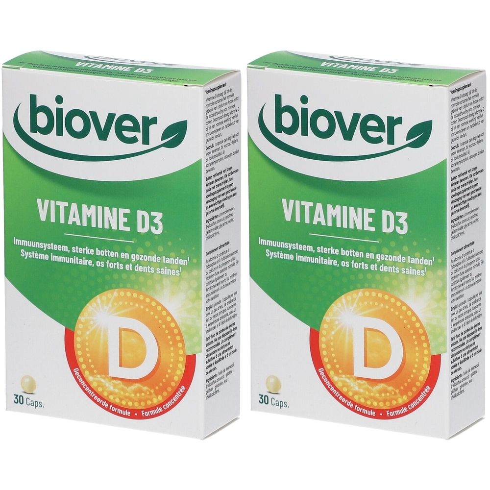 Deux boîtes de Biover Vitamine D3. Emballage blanc avec logo et texte verts. Contient 30 capsules. Symbole D jaune.
