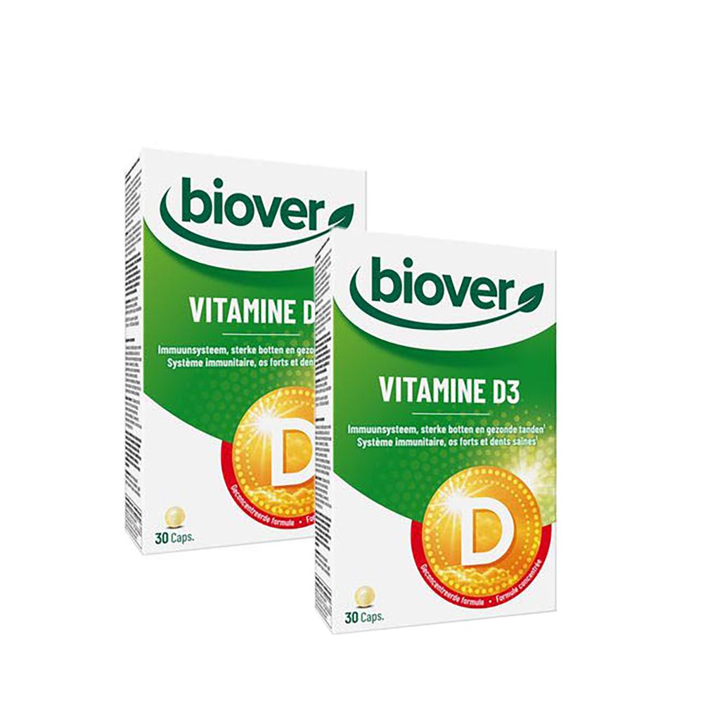 Deux boîtes de Biover Vitamine D3. Emballage blanc avec logo et texte verts. Contient 30 capsules. Symbole D jaune.