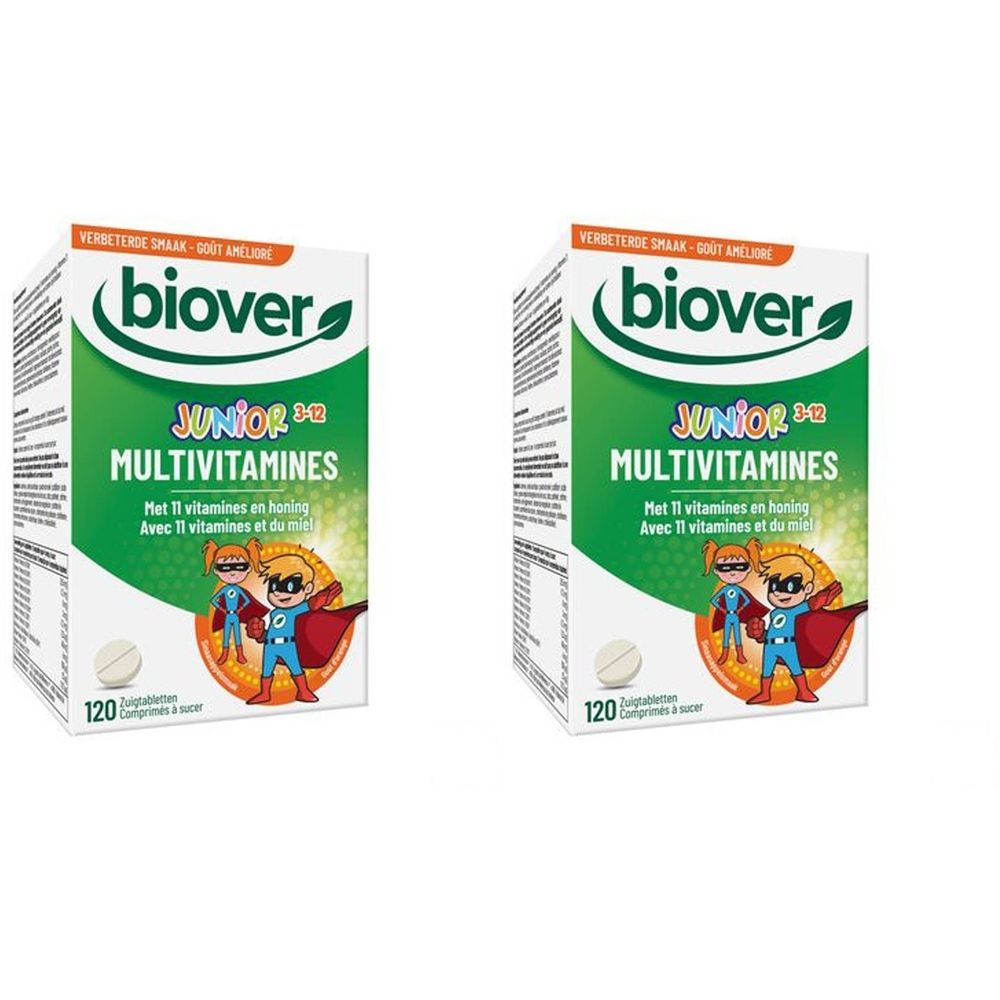 Deux boîtes avec design vert. Inscription: Biover Junior 3-12 Multivitamines. 120 comprimés. Avec illustrations.
