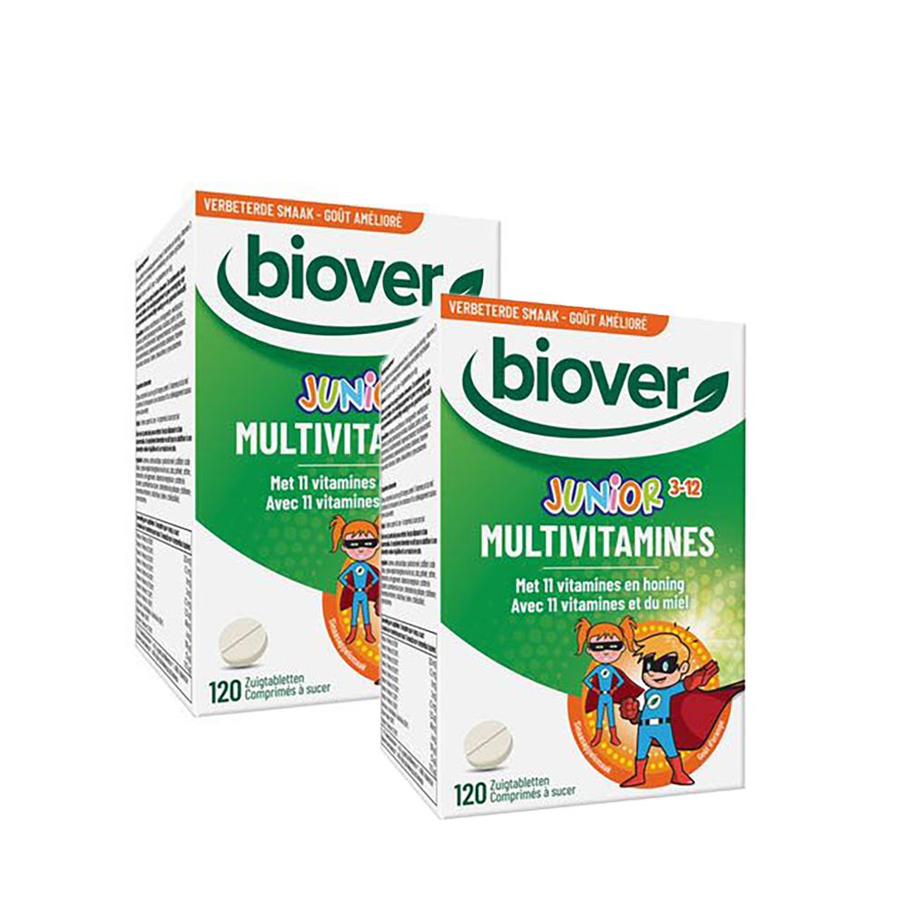 Deux boîtes avec design vert. Inscription: Biover Junior 3-12 Multivitamines. 120 comprimés. Avec illustrations.