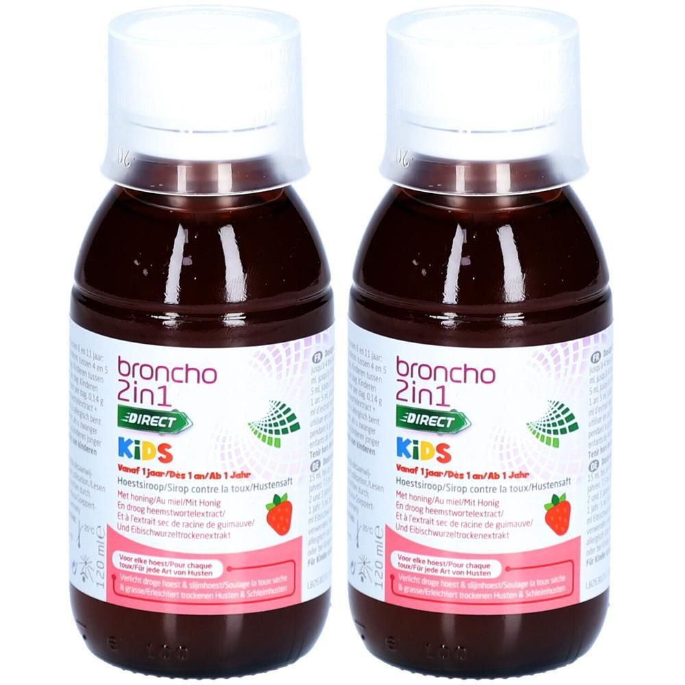 Deux flacons de sirop contre la toux. Liquide brun dans des flacons transparents avec bouchon blanc. Inscription : Broncho 2in1 Kids.