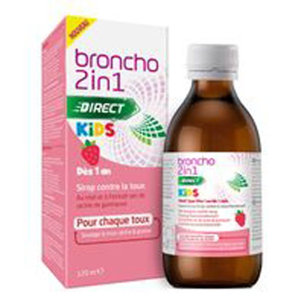 Boîte et bouteille de sirop Broncho 2in1 Kids saveur fraise.