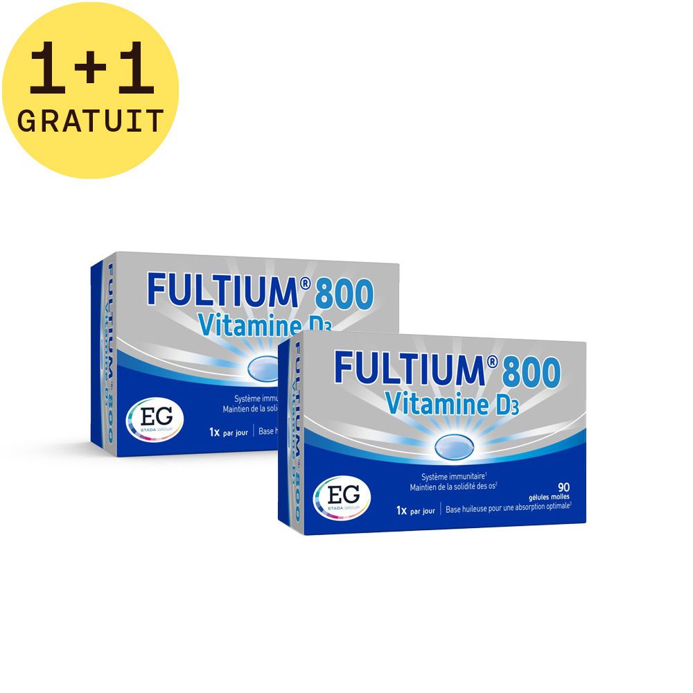 Deux boîtes FULTIUM 800 Vitamine D3, avec autocollant 1+1 GRATUIT. Emballage bleu et blanc.
