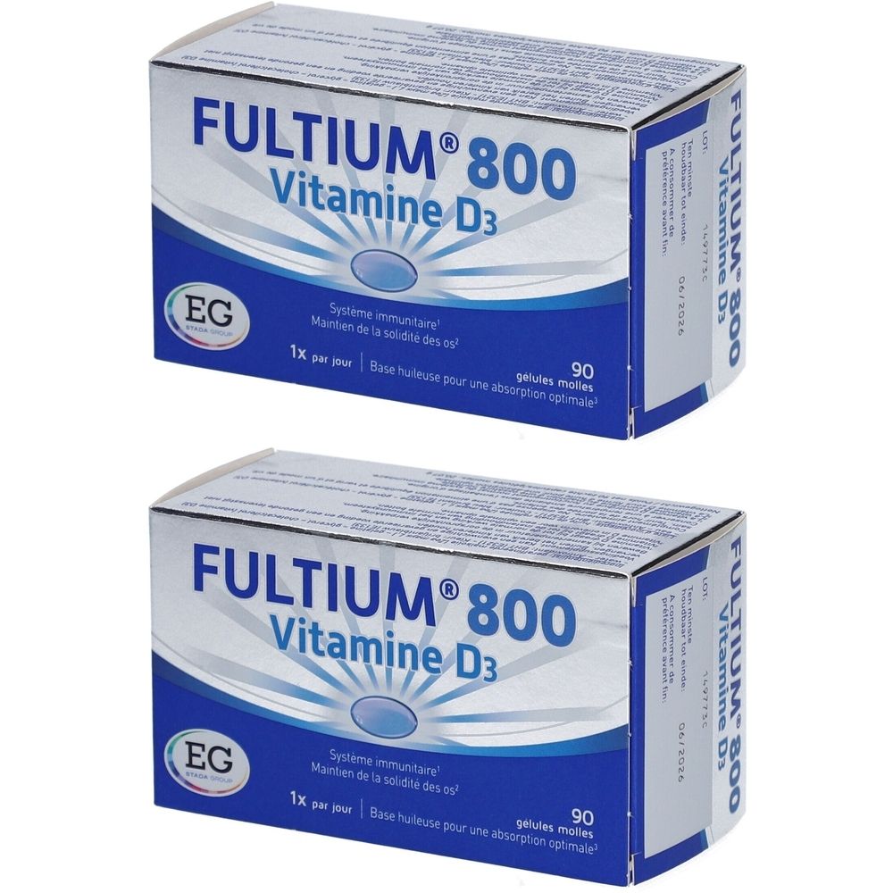 Deux boîtes FULTIUM 800 Vitamine D3. Emballage bleu et blanc avec texte et logo.