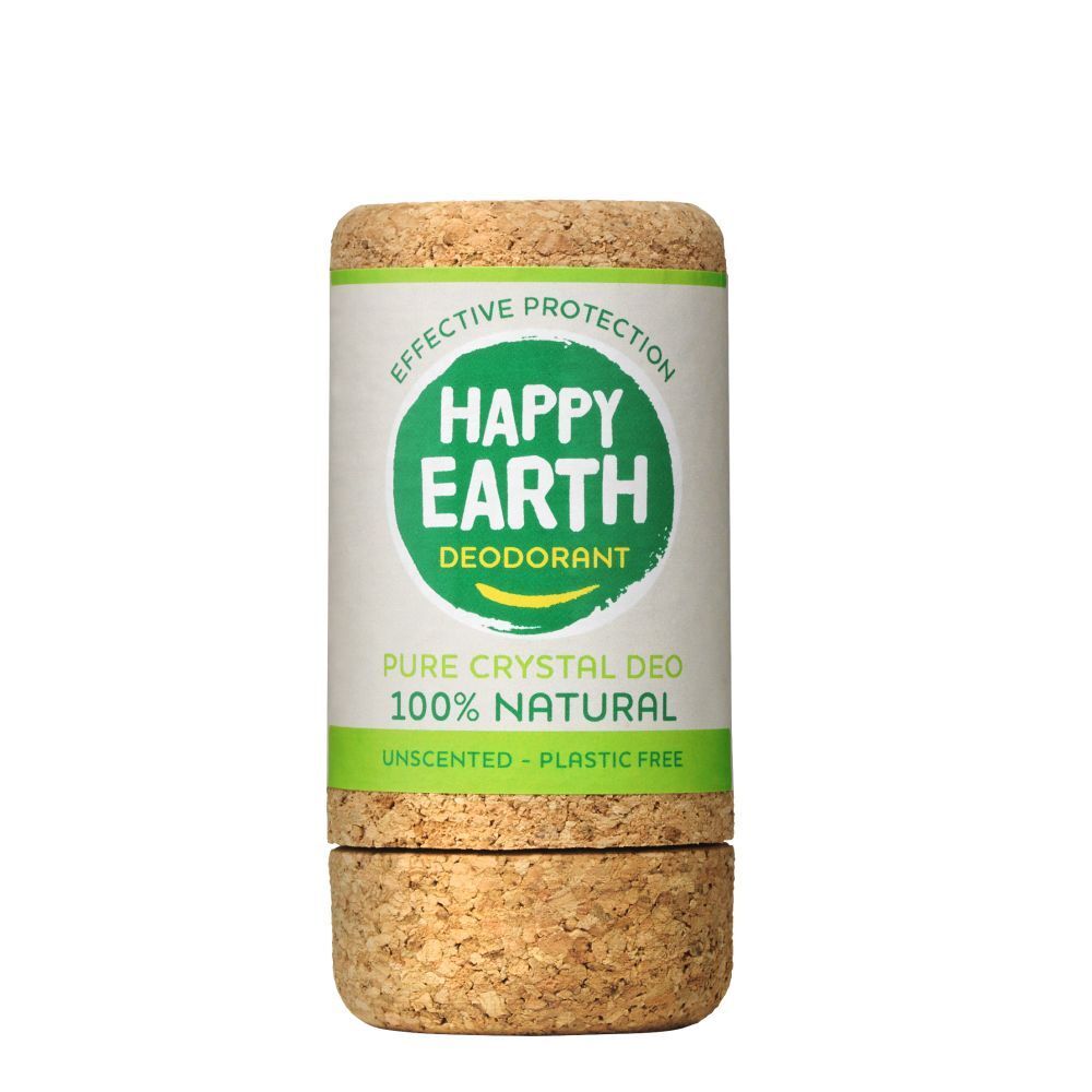 Stick de déodorant en liège. Inscription: Happy Earth, Deodorant, Pure Crystal Deo, 100% Natural, Unscented, Plastic Free.