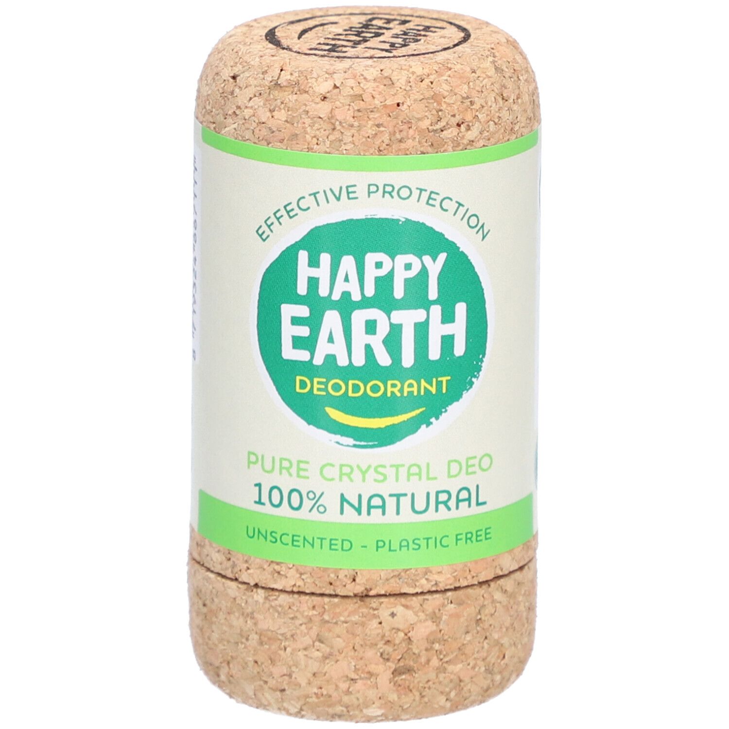 Stick de déodorant en liège. Inscription: Happy Earth, Deodorant, Pure Crystal Deo, 100% Natural, Unscented, Plastic Free.