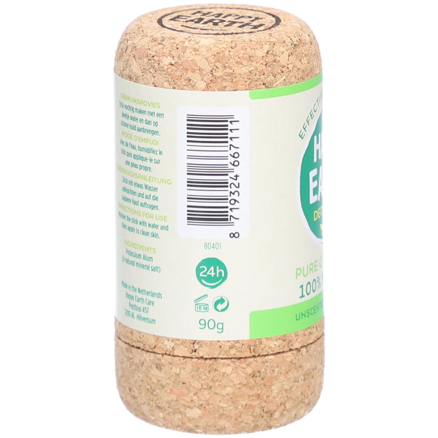 Dos du stick déodorant. Texte, code-barres, logo 24h, 90g.