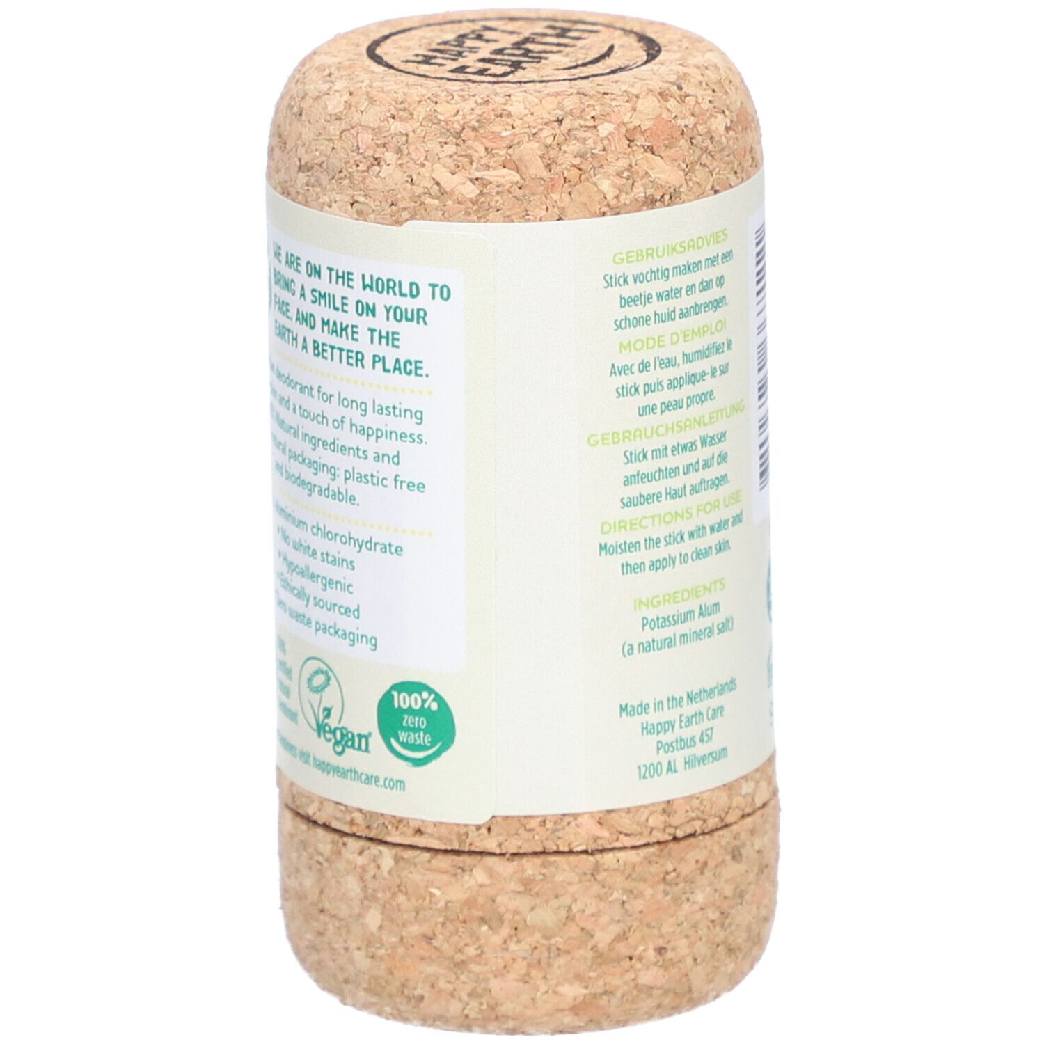 Dos du stick déodorant. Texte, logo végétalien, logo 100% Zero Waste.