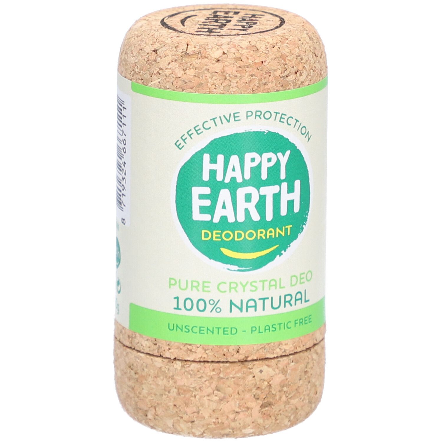 Stick de déodorant en liège. Inscription: Happy Earth, Deodorant, Pure Crystal Deo, 100% Natural, Unscented, Plastic Free.