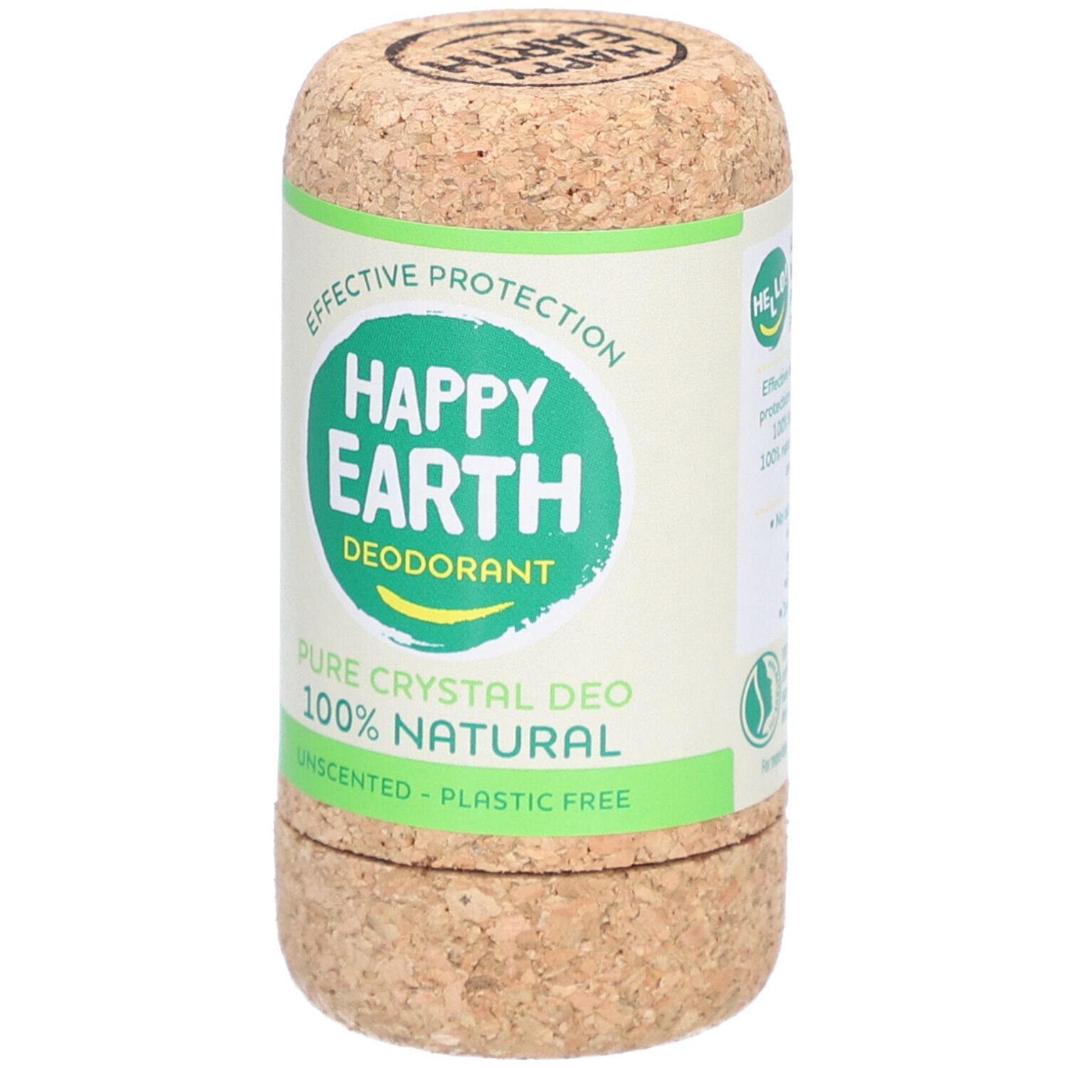 Stick de déodorant en liège. Inscription: Happy Earth, Deodorant, Pure Crystal Deo, 100% Natural, Unscented, Plastic Free.