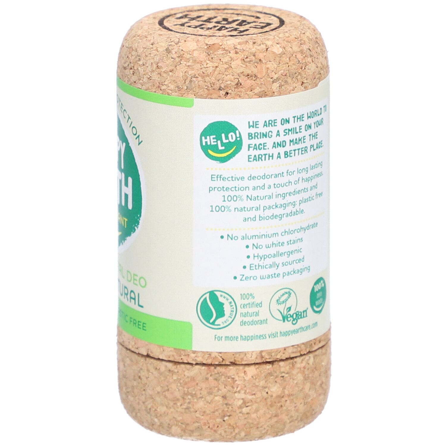 Dos du stick déodorant. Texte, logo végétalien, logo 100% Zero Waste, déodorant naturel 100% certifié.