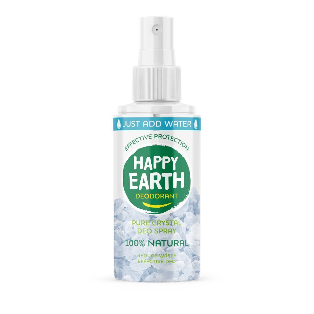 Spray déodorant avec tête blanche. Inscription : Happy Earth, Déodorant, Pure Crystal Deo Spray, 100% Natural.