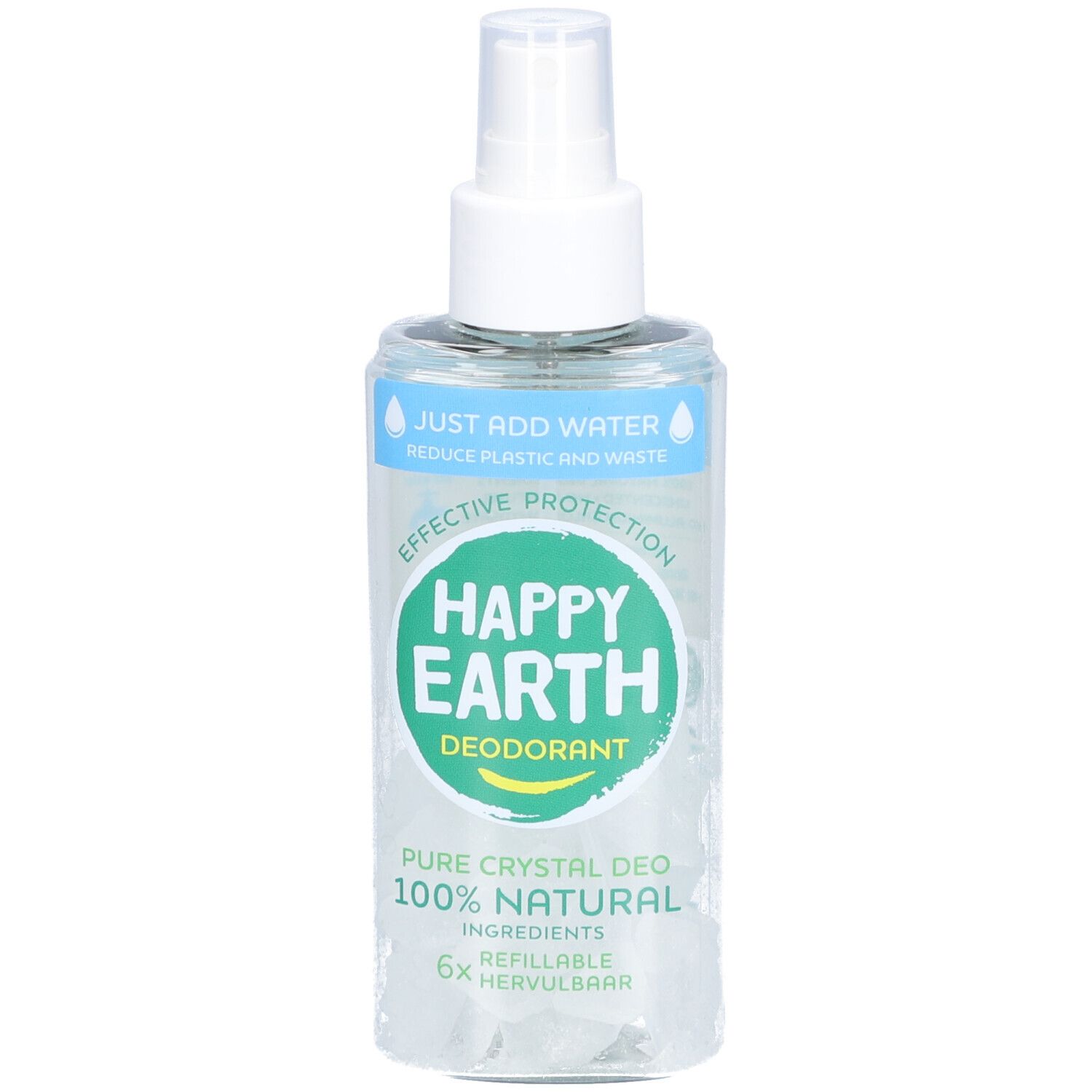 Spray déodorant avec tête blanche. Inscription : Happy Earth, Déodorant, Pure Crystal Deo, 100% Natural, rechargeable.