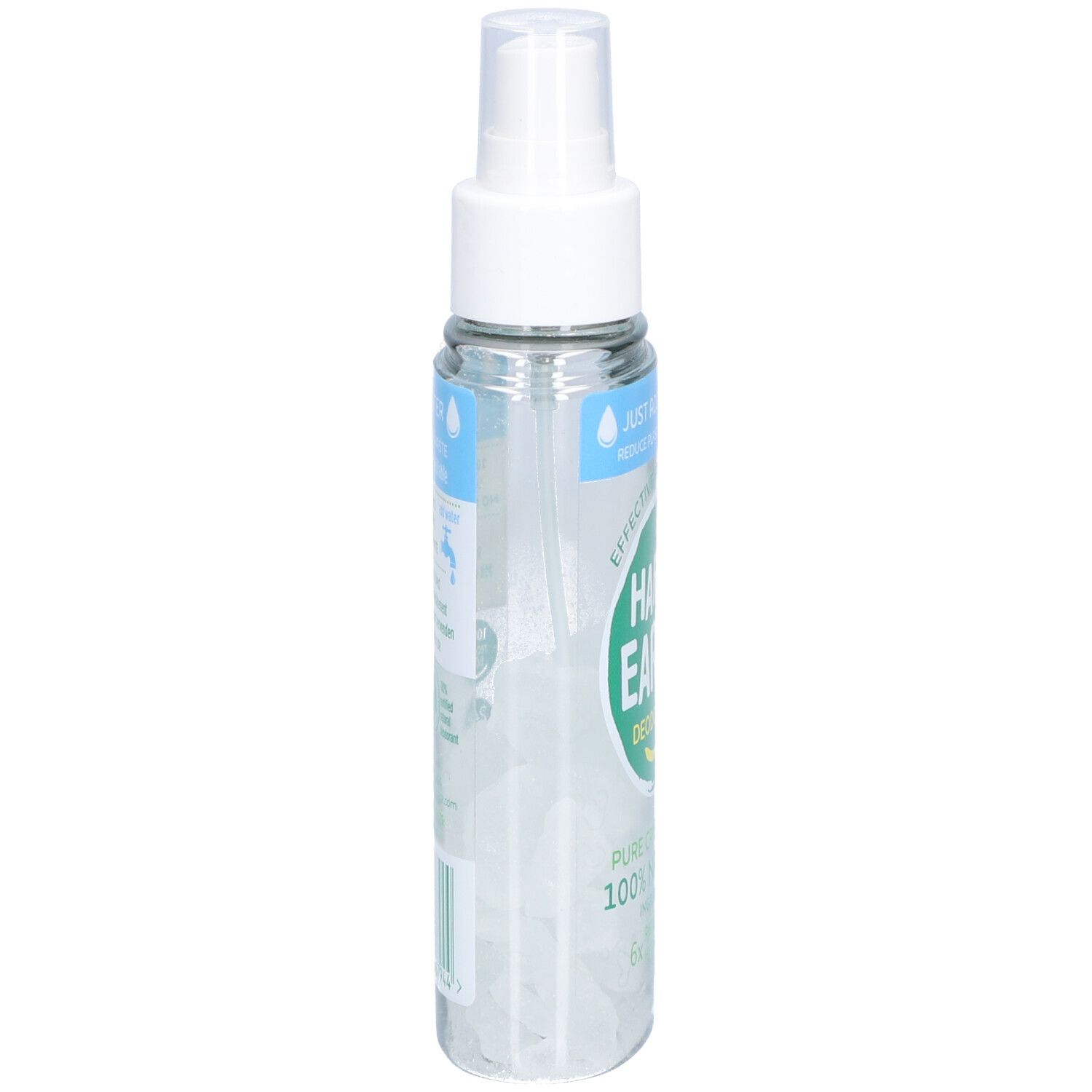 Spray déodorant avec tête blanche. Inscription : Happy Earth, Déodorant, Pure Crystal Deo, 100% Natural, rechargeable.