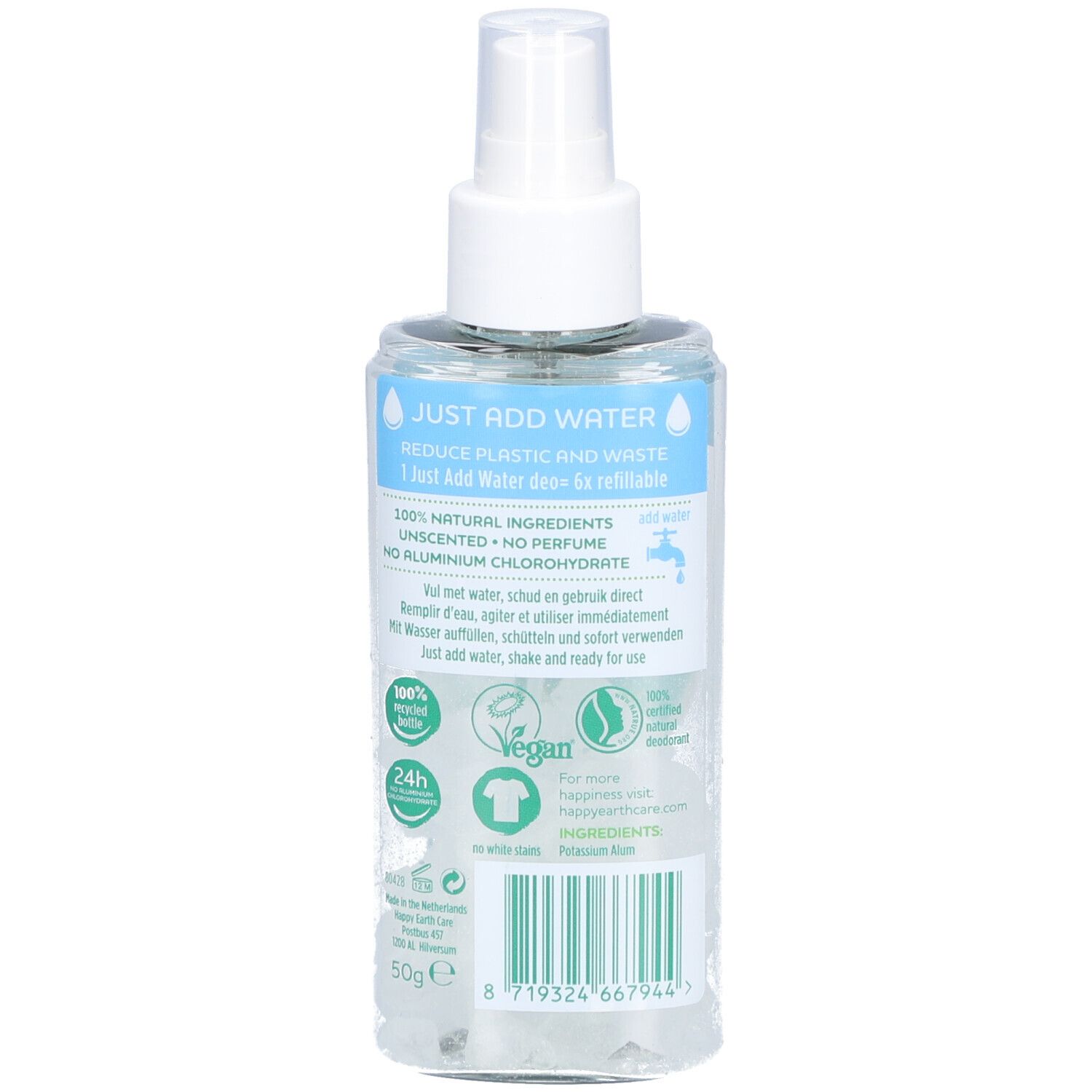 Dos de la bouteille de spray déodorant. Texte : Just add water, 100% ingrédients naturels, sans parfum, sans chlorhydrate d'aluminium.
