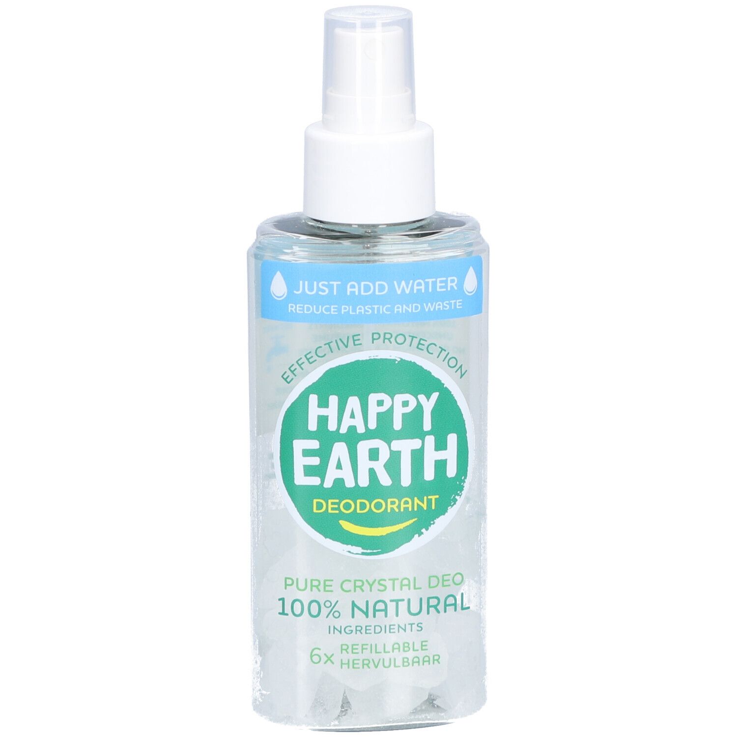 Spray déodorant avec tête blanche. Inscription : Happy Earth, Déodorant, Pure Crystal Deo, 100% Natural, rechargeable.