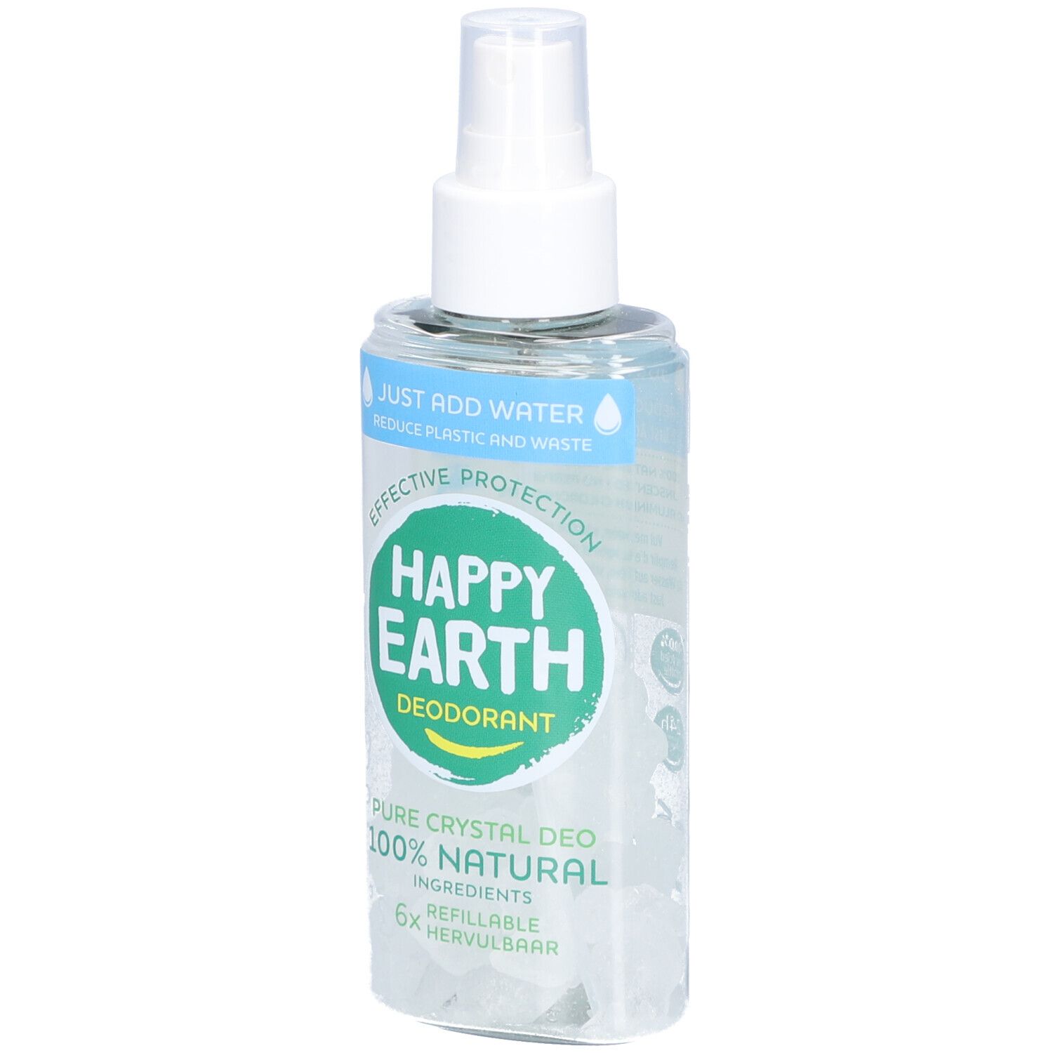 Spray déodorant avec tête blanche. Inscription : Happy Earth, Déodorant, Pure Crystal Deo, 100% Natural, rechargeable.