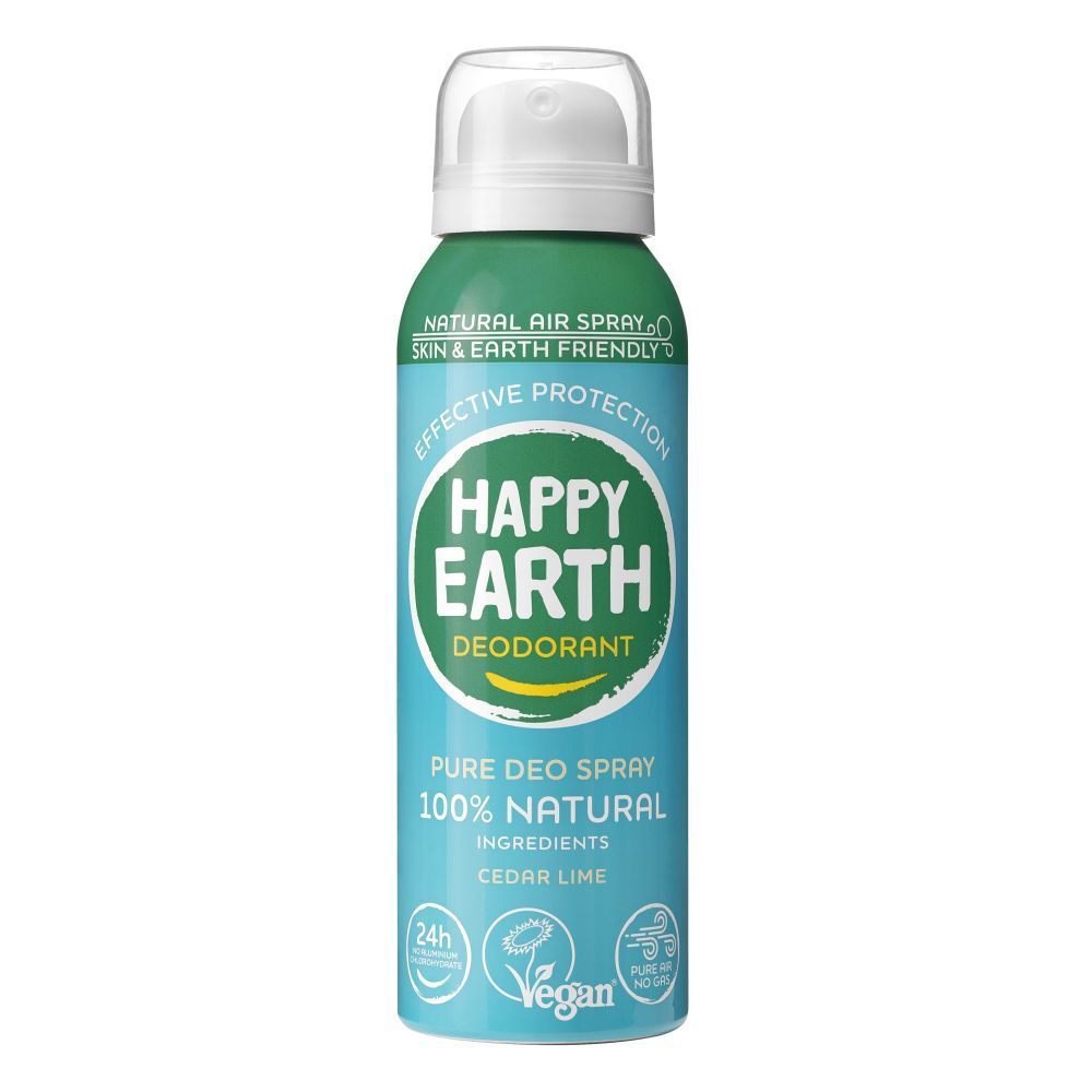 Flacon spray vert avec bouchon blanc. Inscription: Happy Earth Déodorant. 100% naturel. Ingrédients: Cedar Lime. Vegan.