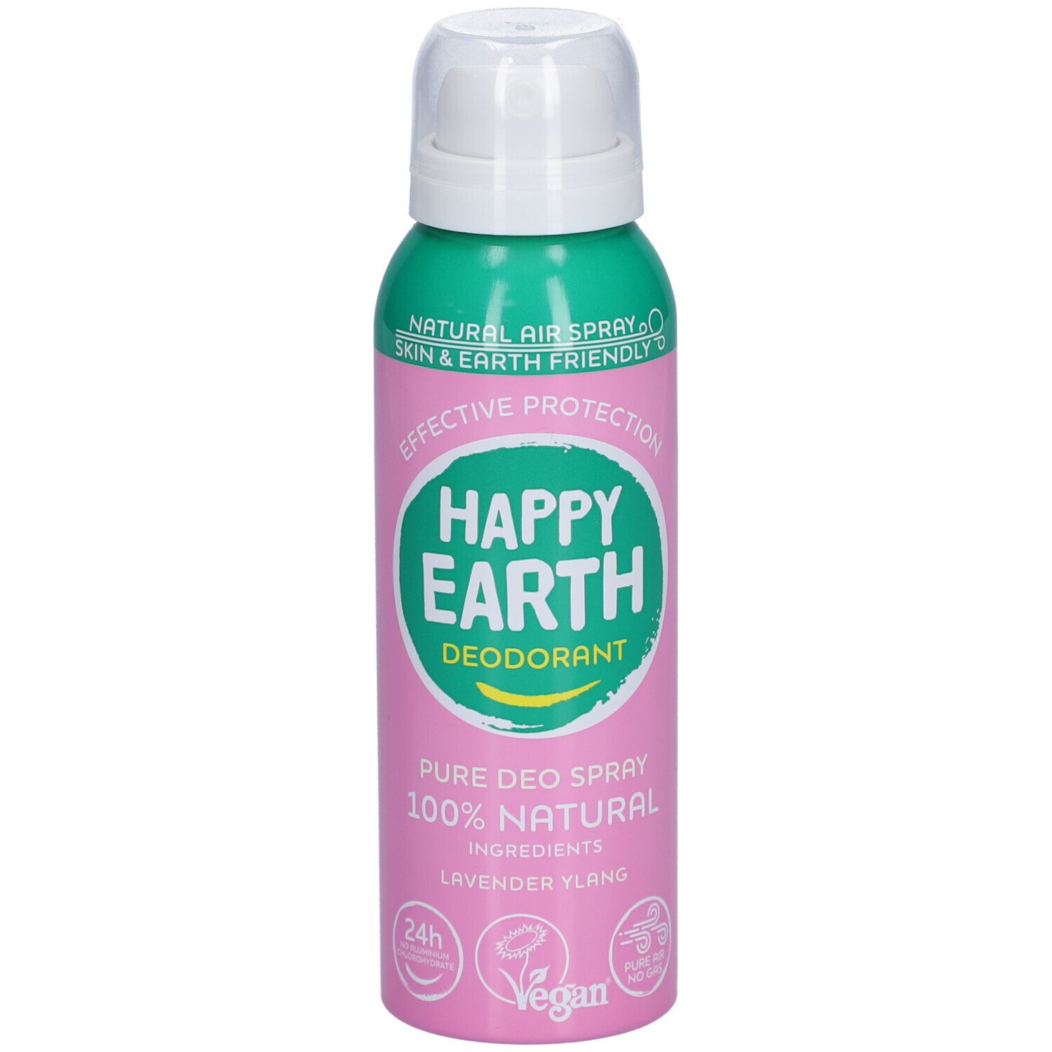 Flacon spray rose avec bouchon blanc. Inscription: Happy Earth Déodorant. 100% naturel. Ingrédients: Lavande Ylang. Vegan.