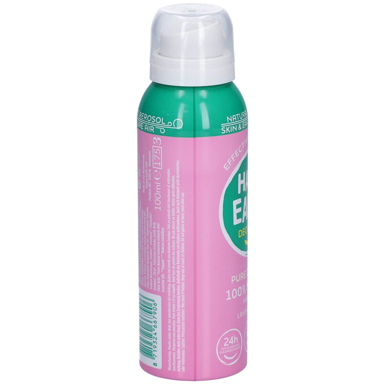 Dos du flacon spray rose. Texte: Propellant Free Aerosol. 100ml. Ingrédients 100% naturels. Vegan. Protection 24h.