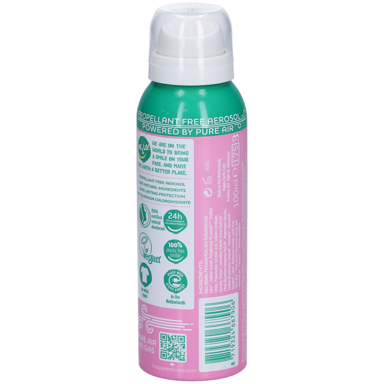 Dos du flacon spray rose. Texte: Propellant Free Aerosol. Ingrédients 100% naturels. Vegan. Protection 24h.