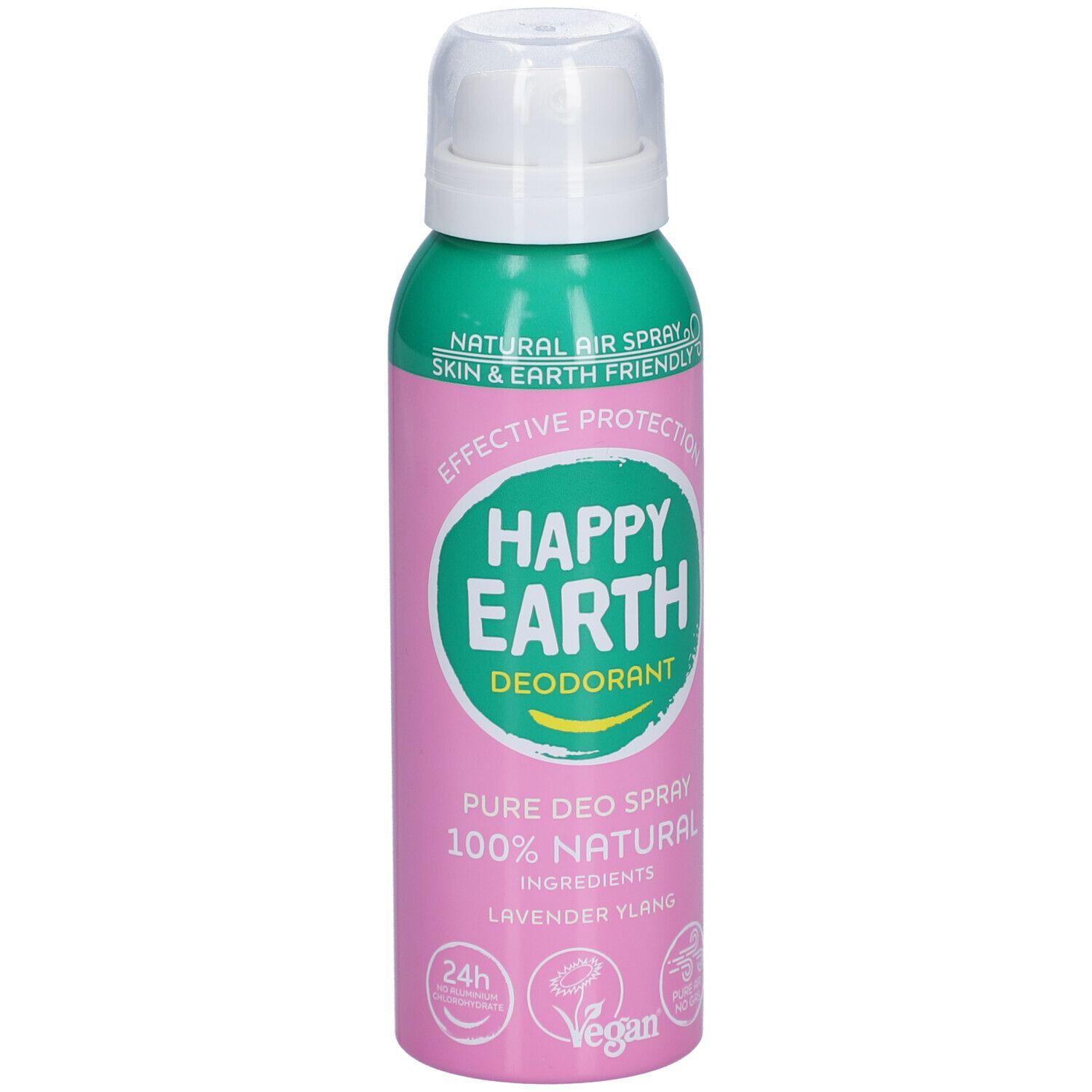 Flacon spray rose avec bouchon blanc. Inscription: Happy Earth Déodorant. 100% naturel. Ingrédients: Lavande Ylang. Vegan.