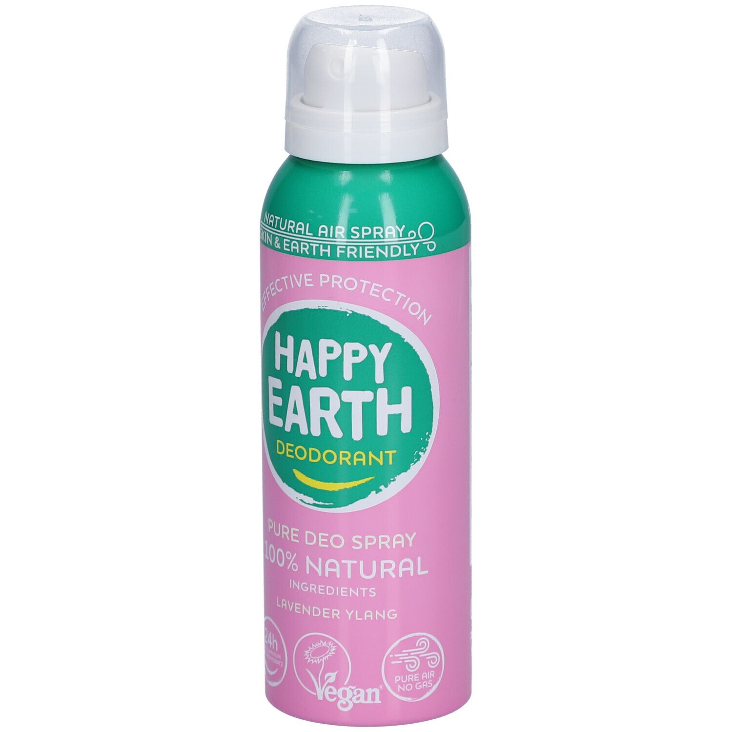 Flacon spray rose avec bouchon blanc. Inscription: Happy Earth Déodorant. 100% naturel. Ingrédients: Lavande Ylang. Vegan.
