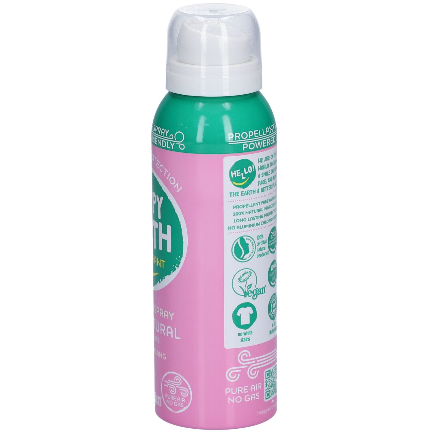 Dos du flacon spray rose. Texte: Propellant Free Aerosol. Ingrédients 100% naturels. Vegan. Protection 24h.