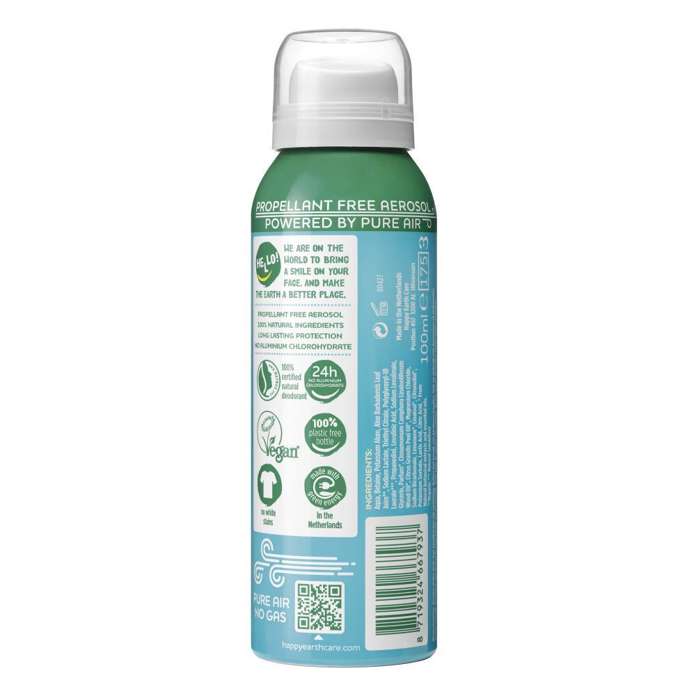 Dos du flacon spray vert. Texte: Propellant Free Aerosol. Ingrédients 100% naturels. Vegan. Protection 24h.