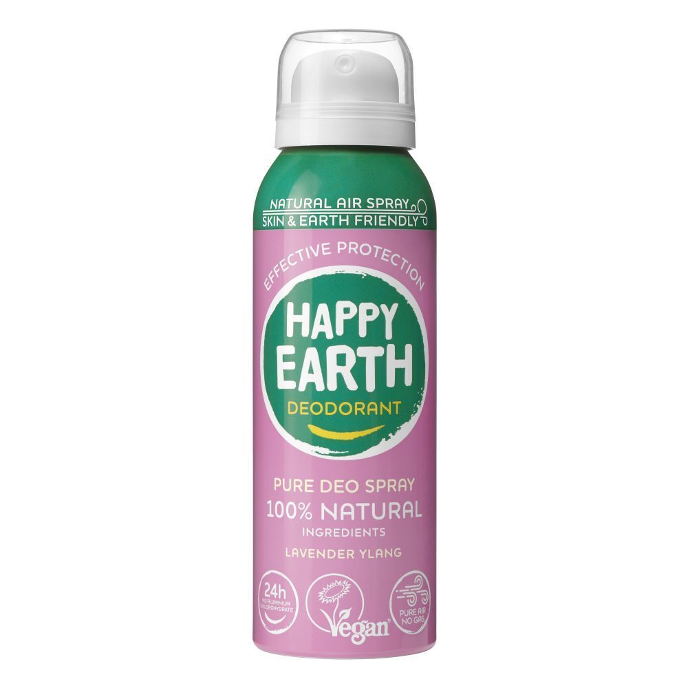 Spray déodorant Happy Earth. Flacon vert et blanc avec vaporisateur. Texte: Déodorant, 100% naturel, Vegan.