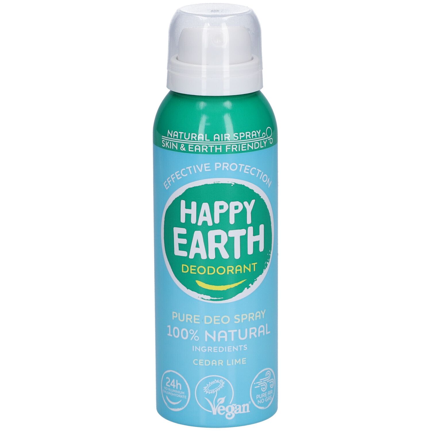 Spray déodorant Happy Earth. Flacon vert et blanc avec vaporisateur. Texte: Déodorant, 100% naturel, Cèdre & Citron vert.