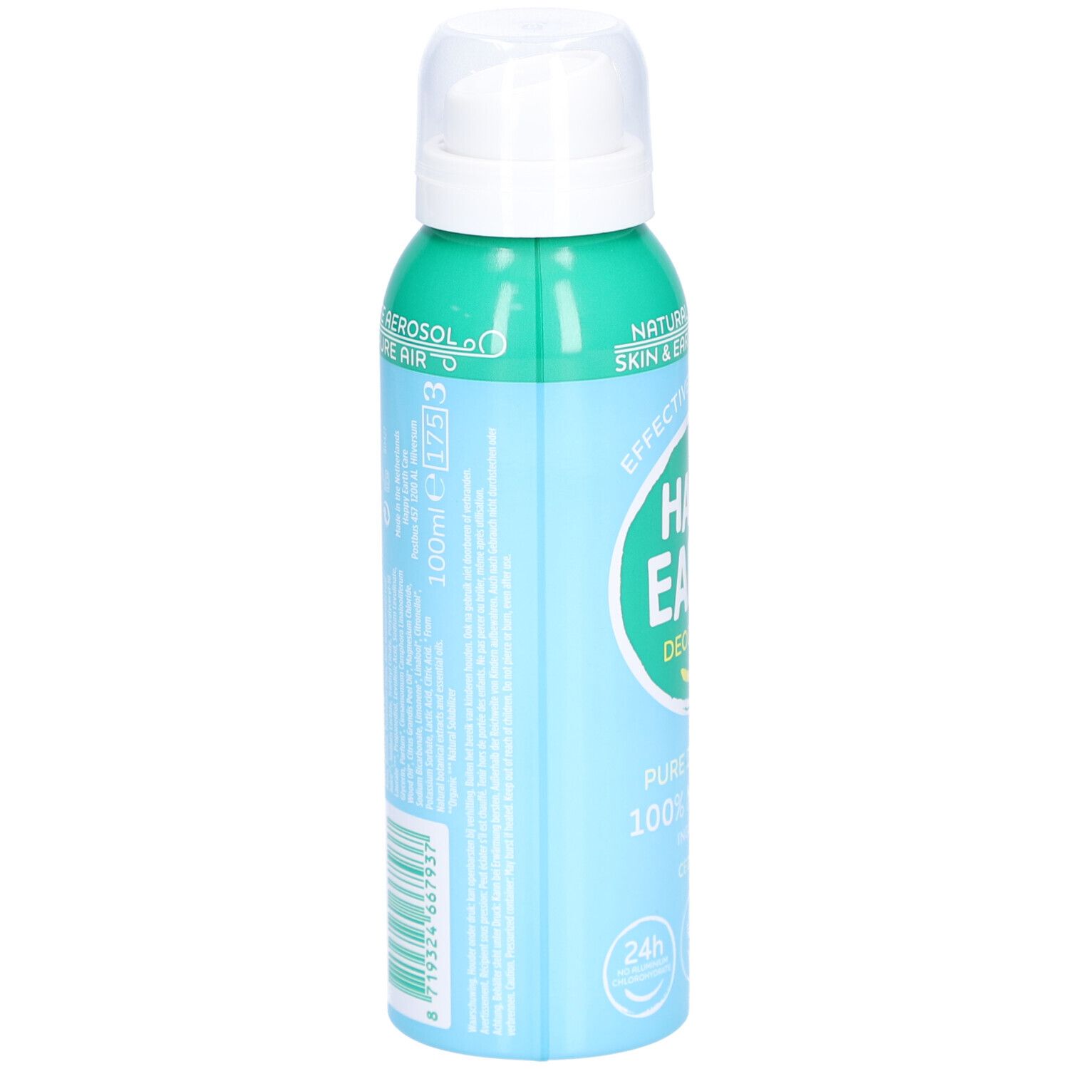 Dos du spray déodorant. Texte: Sans gaz propulseur, 100% naturel, Vegan, protection 24h, sans sels d'aluminium.