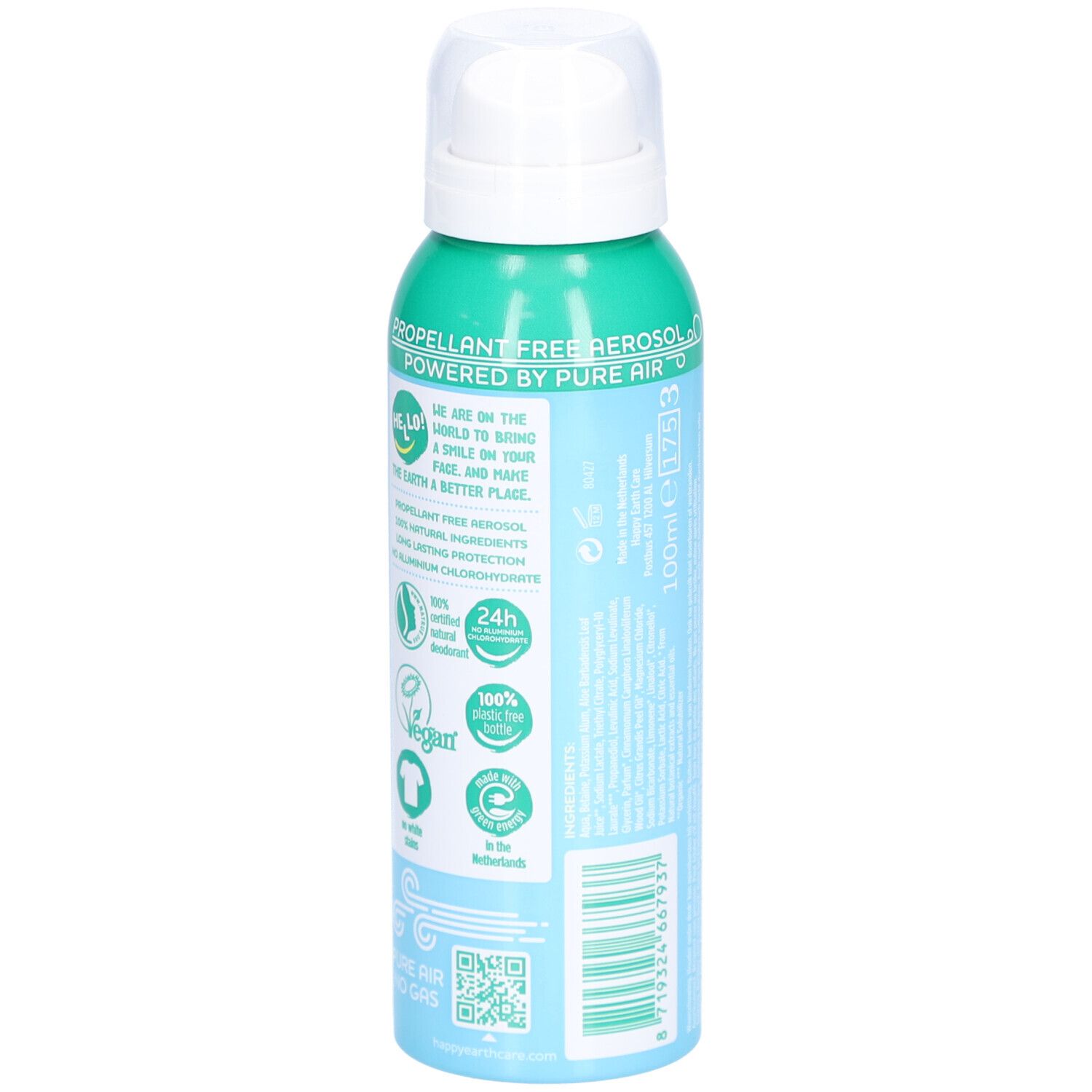 Dos du spray déodorant. Texte: Sans gaz propulseur, 100% naturel, Vegan, protection 24h, sans sels d'aluminium.