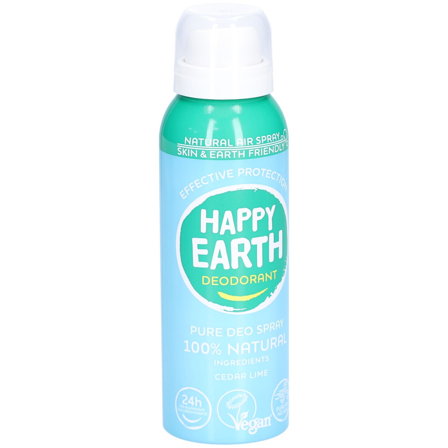 Spray déodorant Happy Earth. Flacon vert et blanc avec vaporisateur. Texte: Déodorant, 100% naturel, Cèdre & Citron vert.