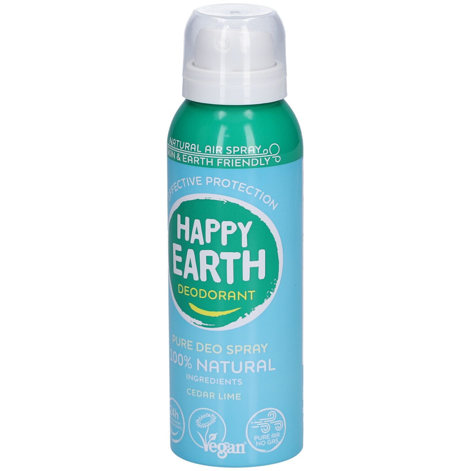 Spray déodorant Happy Earth. Flacon vert et blanc avec vaporisateur. Texte: Déodorant, 100% naturel, Cèdre & Citron vert.