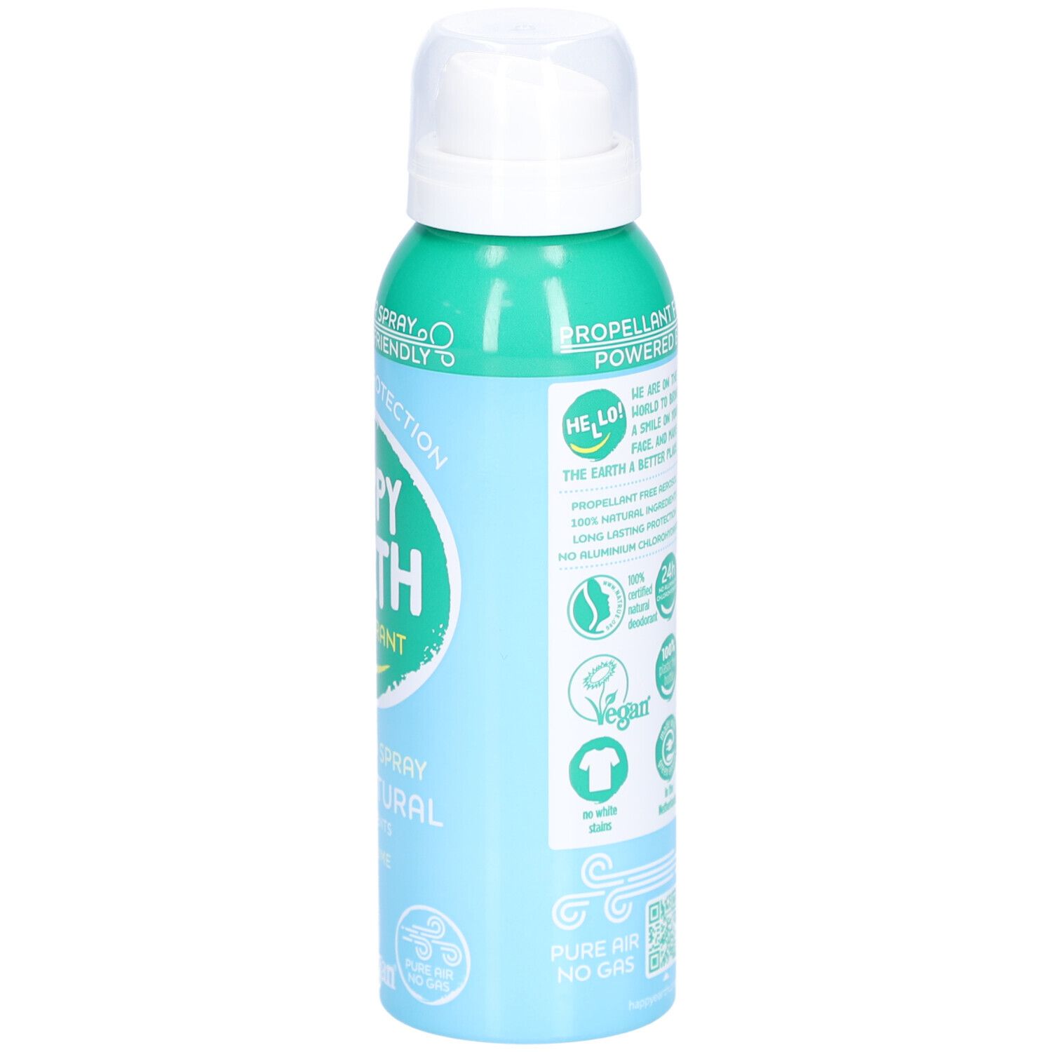Dos du spray déodorant. Texte: Sans gaz propulseur, 100% naturel, Vegan, protection 24h, sans sels d'aluminium.