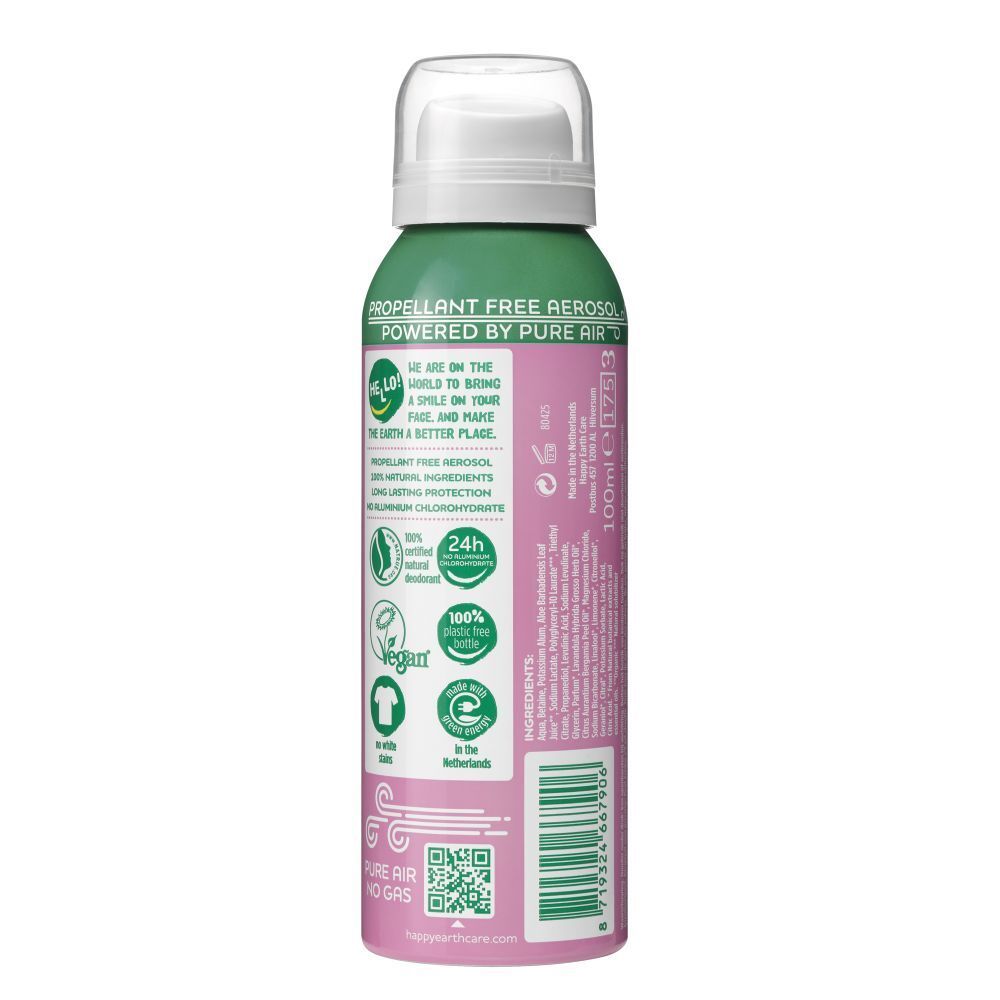 Dos du spray déodorant. Texte: Sans gaz propulseur, 100% naturel, Vegan, protection 24h, sans sels d'aluminium.