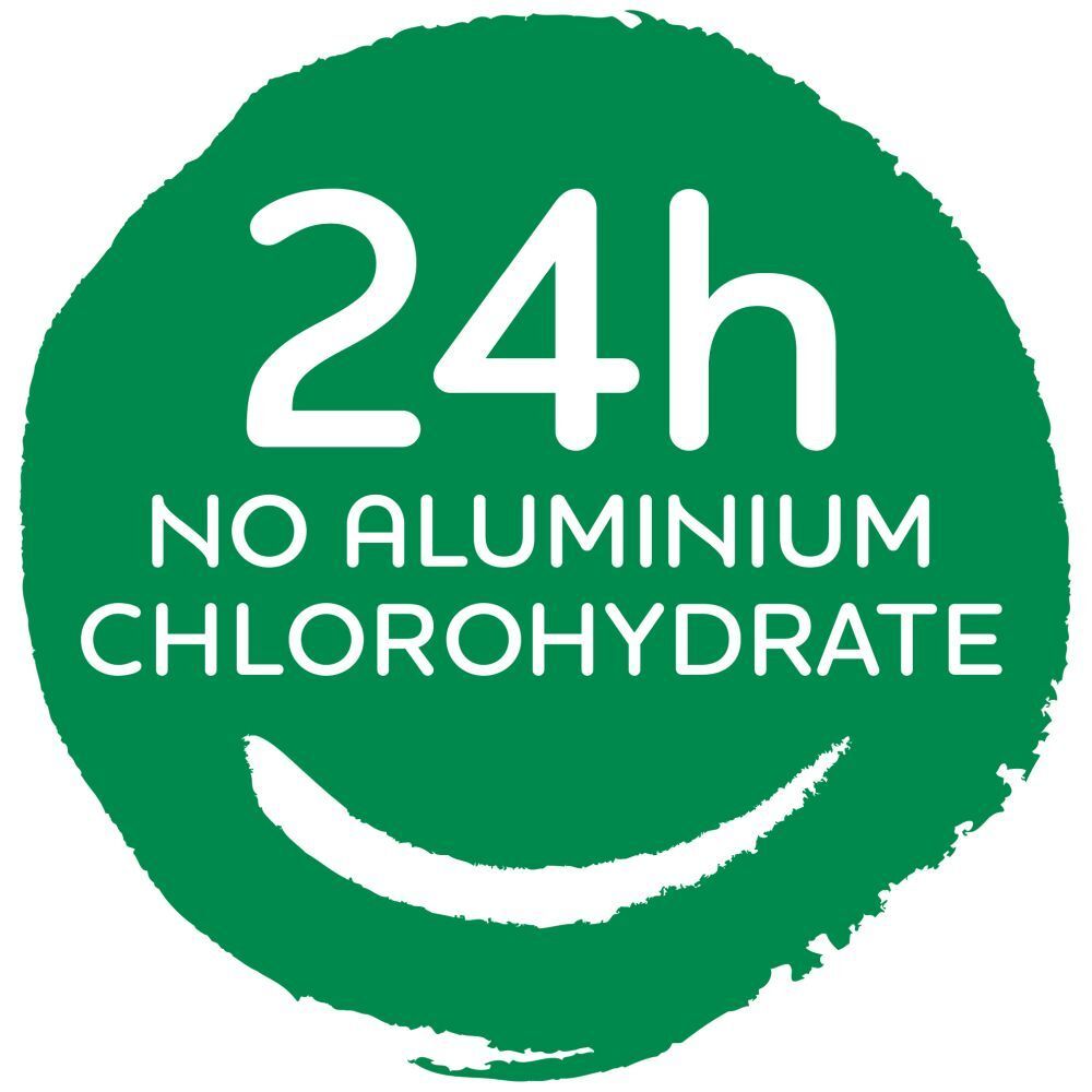 Logo vert avec texte: 24h, sans chlorhydrate d'aluminium. Texte blanc sur fond vert.