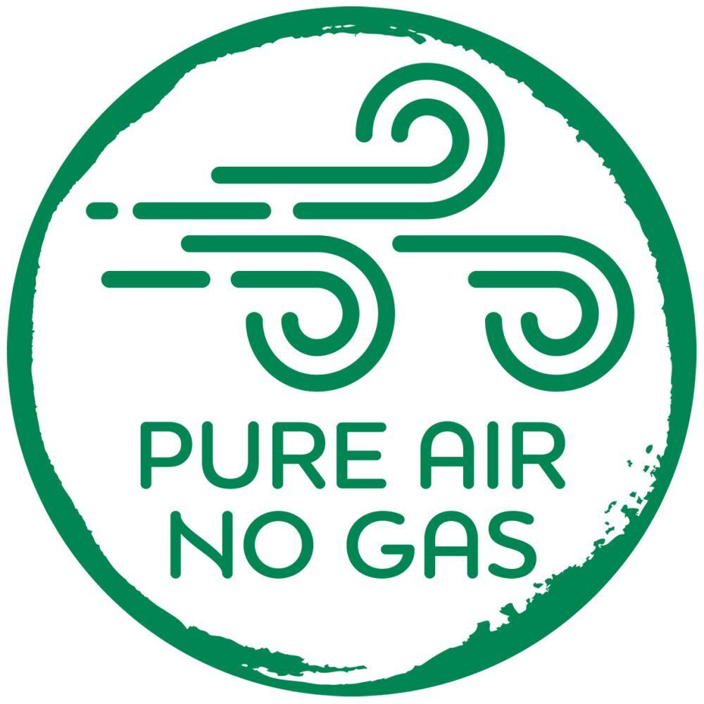 Logo vert avec texte: Pure Air, No Gas. Cercle vert avec symbole de vent.