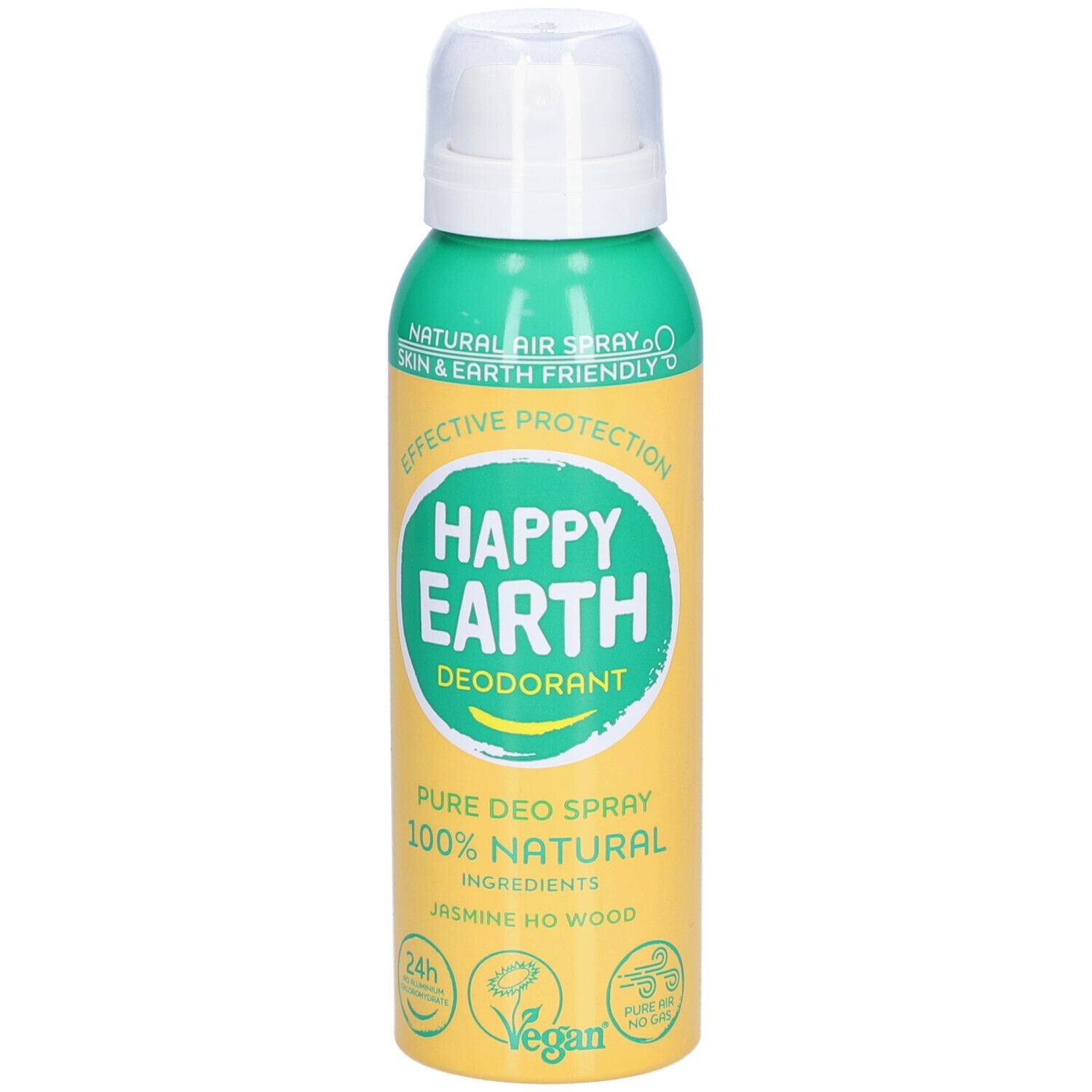 Spray déodorant Happy Earth. Flacon vert et jaune avec tête blanche. Inscription : Happy Earth, déodorant, 100% naturel.