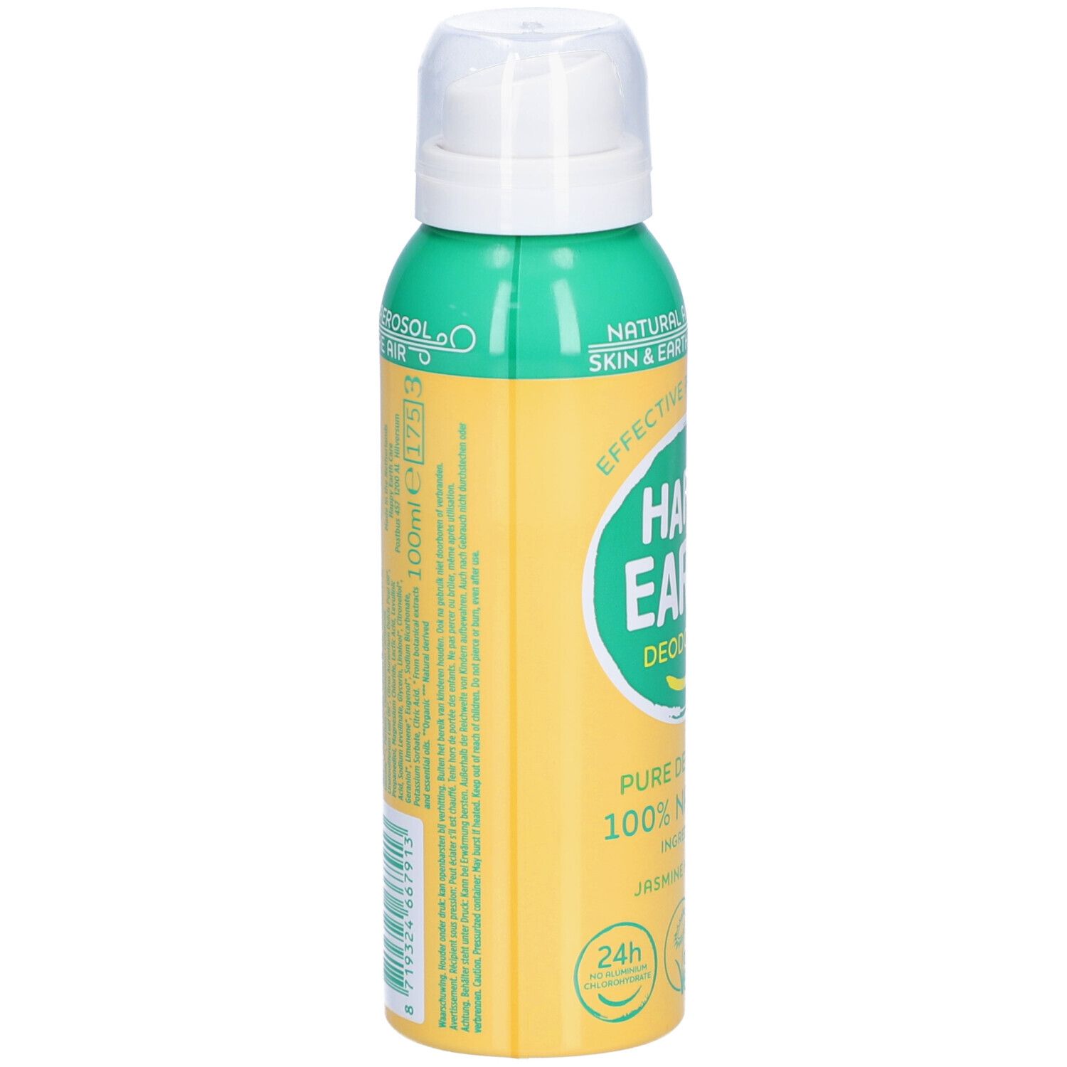 Dos du spray déodorant. Flacon vert et jaune avec textes et logos. Contient des informations sur les ingrédients et les certifications.