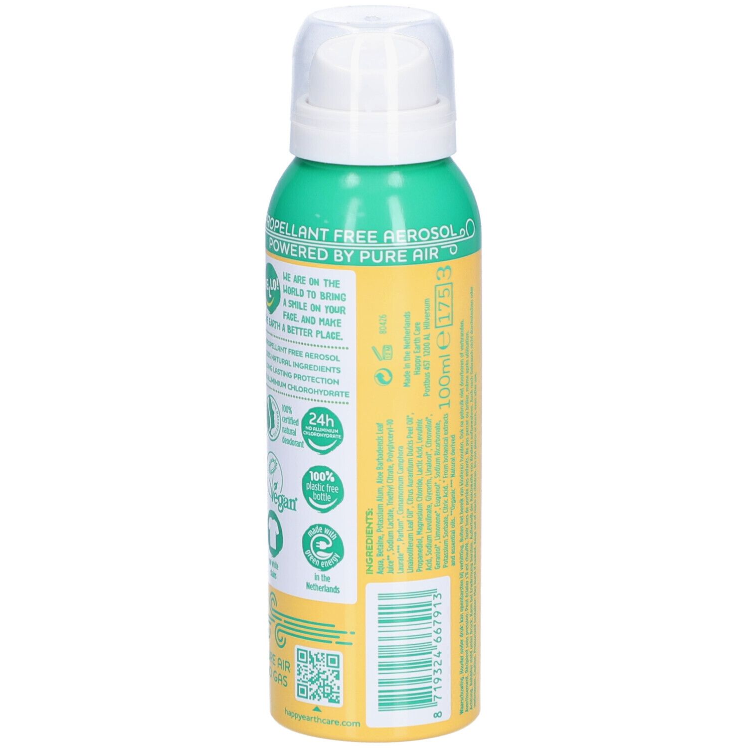 Dos du spray déodorant. Flacon vert et jaune avec textes et logos. Contient des informations sur les ingrédients et les certifications.