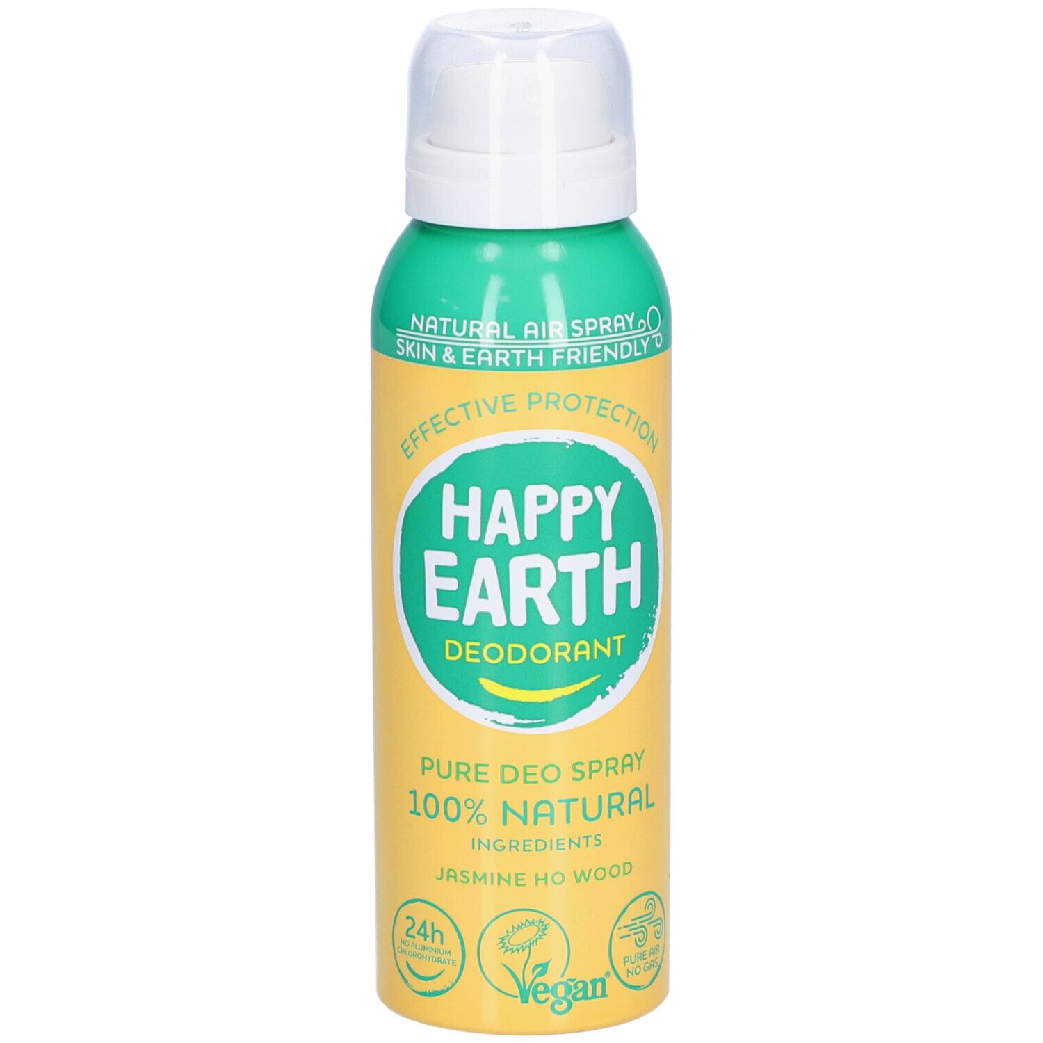 Spray déodorant Happy Earth. Flacon vert et jaune avec tête blanche. Inscription : Happy Earth, déodorant, 100% naturel.