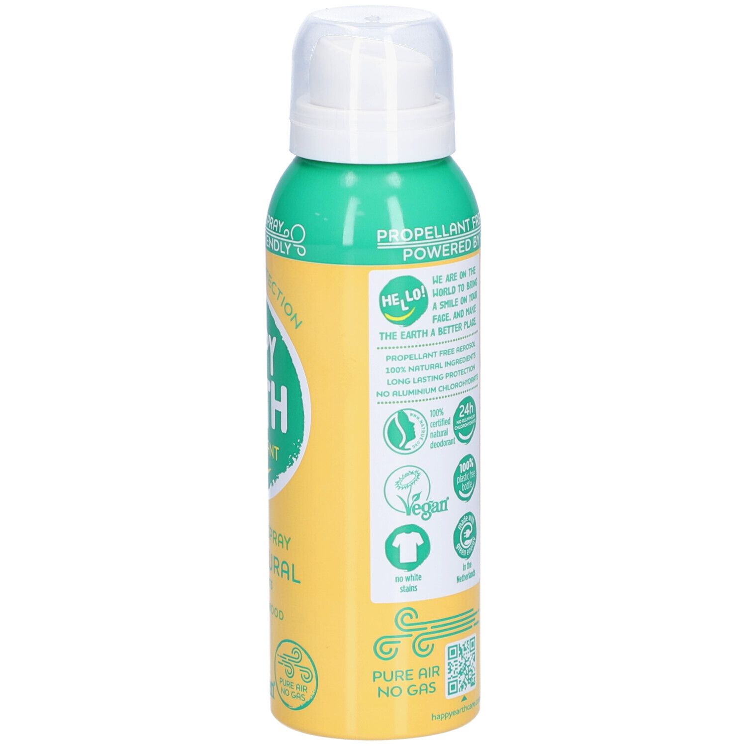 Dos du spray déodorant. Flacon vert et jaune avec textes et logos. Contient des informations sur les ingrédients et les certifications.