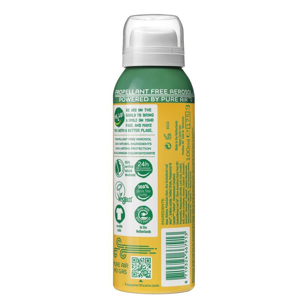 Dos du spray déodorant. Flacon vert et jaune avec textes et logos. Contient des informations sur les ingrédients et les certifications.