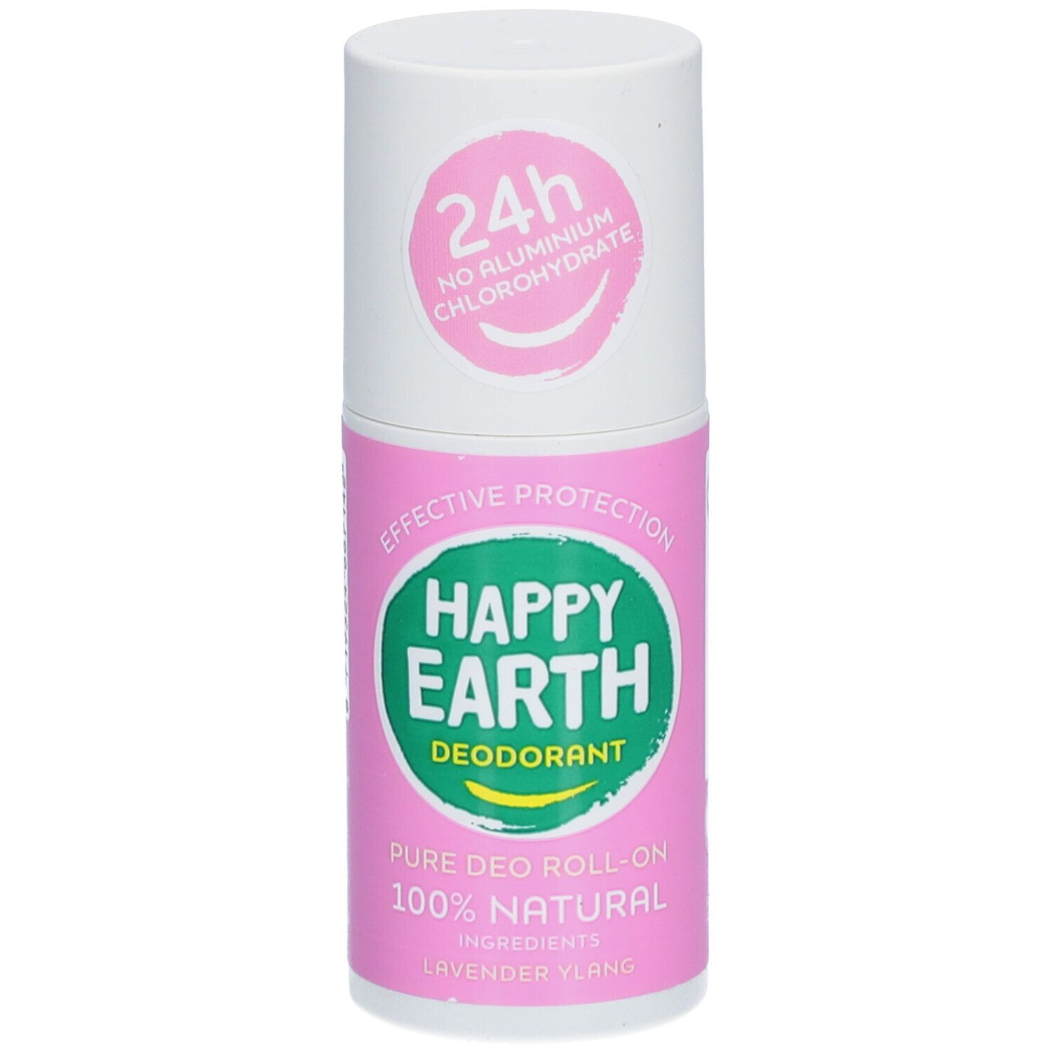 Roll-on déodorant. Couvercle blanc, corps rose. Inscription: Happy Earth, Déodorant, 100% naturel, Lavande & Ylang.