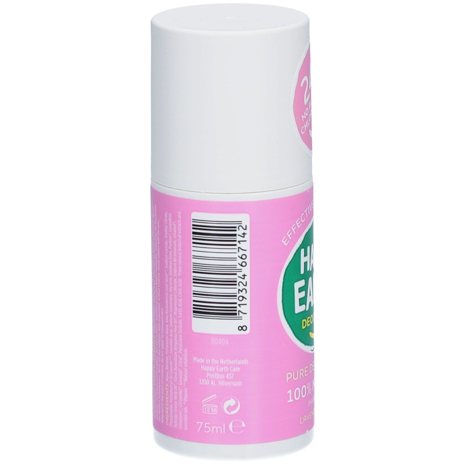 Roll-on déodorant. Dos. Étiquette rose avec texte et code-barres. 75ml.