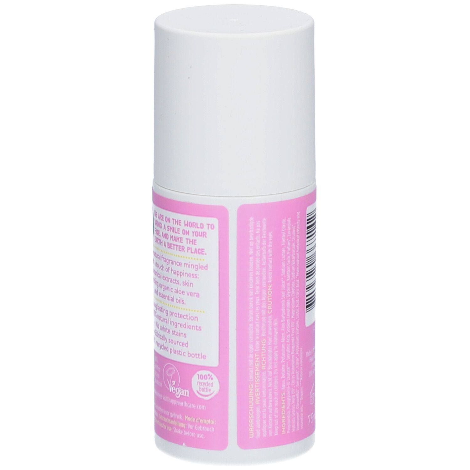 Roll-on déodorant. Dos. Étiquette rose avec texte et code-barres. 75ml.