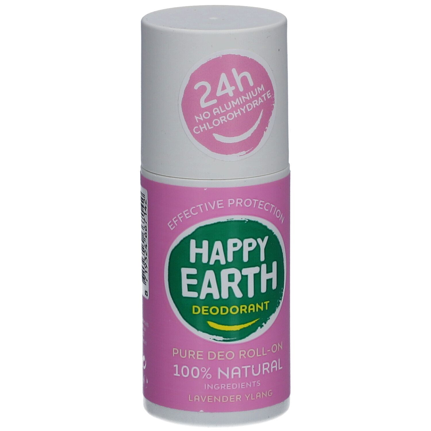 Roll-on déodorant. Couvercle blanc, corps rose. Inscription: Happy Earth, Déodorant, 100% naturel, Lavande & Ylang.